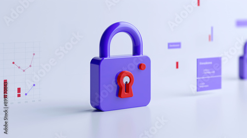 A purple padlock with a red keyhole on a light background featuring various digital charts and graphs, representing data security and digital analytics.