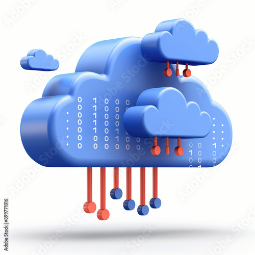 3D illustration of cloud computing and data transfer with blue clouds, binary code, and red connections on a white background.