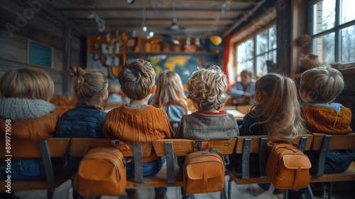 A group of children sit in a classroom, some of them wearing backpacks