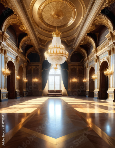 Opulent Grand Hall with Chandelier and Architectural Details