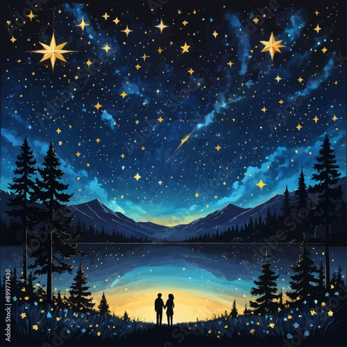 Night Sky Gaze: Two Silhouetted Figures Under a Starlit Sky