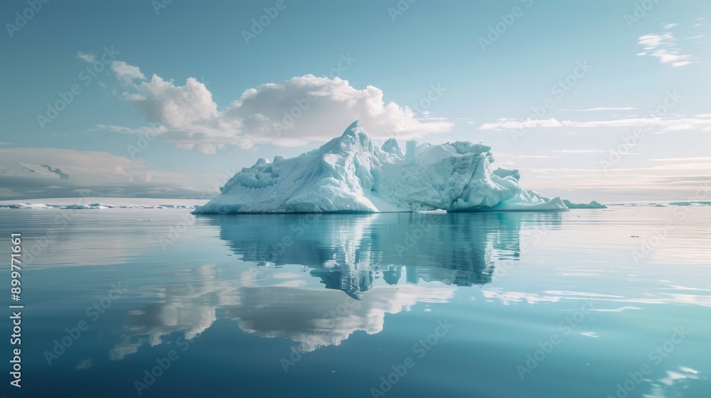 angle view of melting sea ice in calm waters of the Northern Arctic with iceberg angle view of melting sea ice in calm waters of the Northern Arctic with iceberg