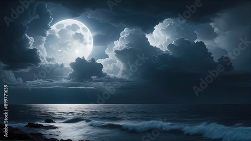 night moonlight over the ocean, clouds and moon, sea,