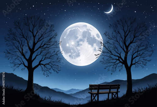 Moonlit Night: A Solitary Bench in the Mountains