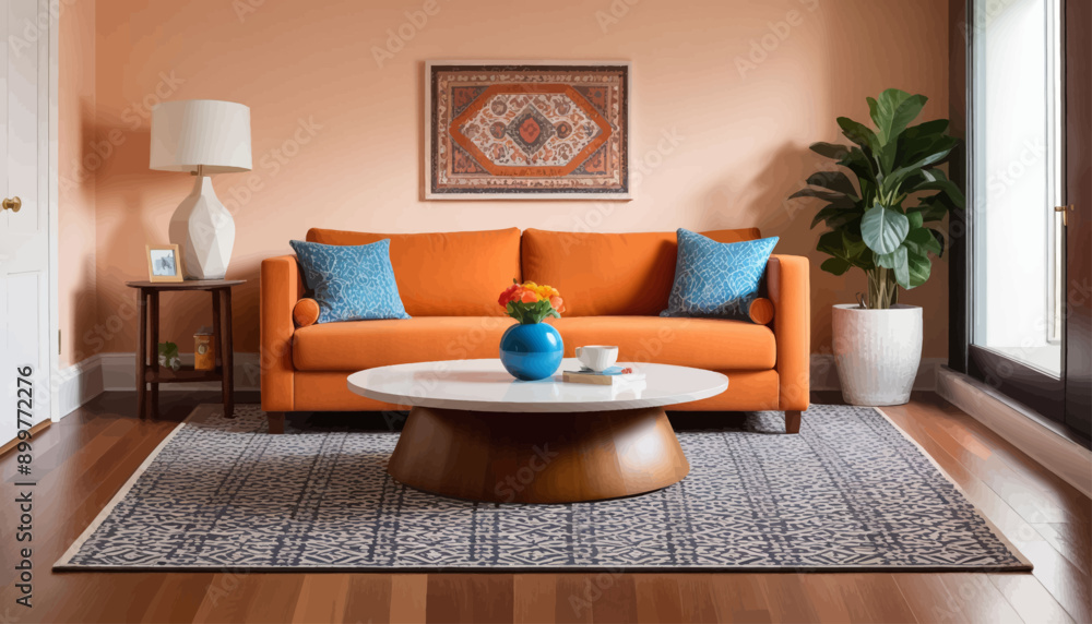 Modern Living Room with Orange Sofa and Blue Pillows Modern Living Room with Orange Sofa and Blue Pillows