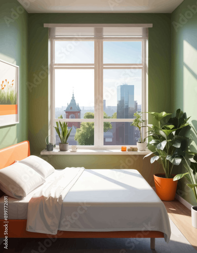 Modern Bedroom with City View and Green Accents