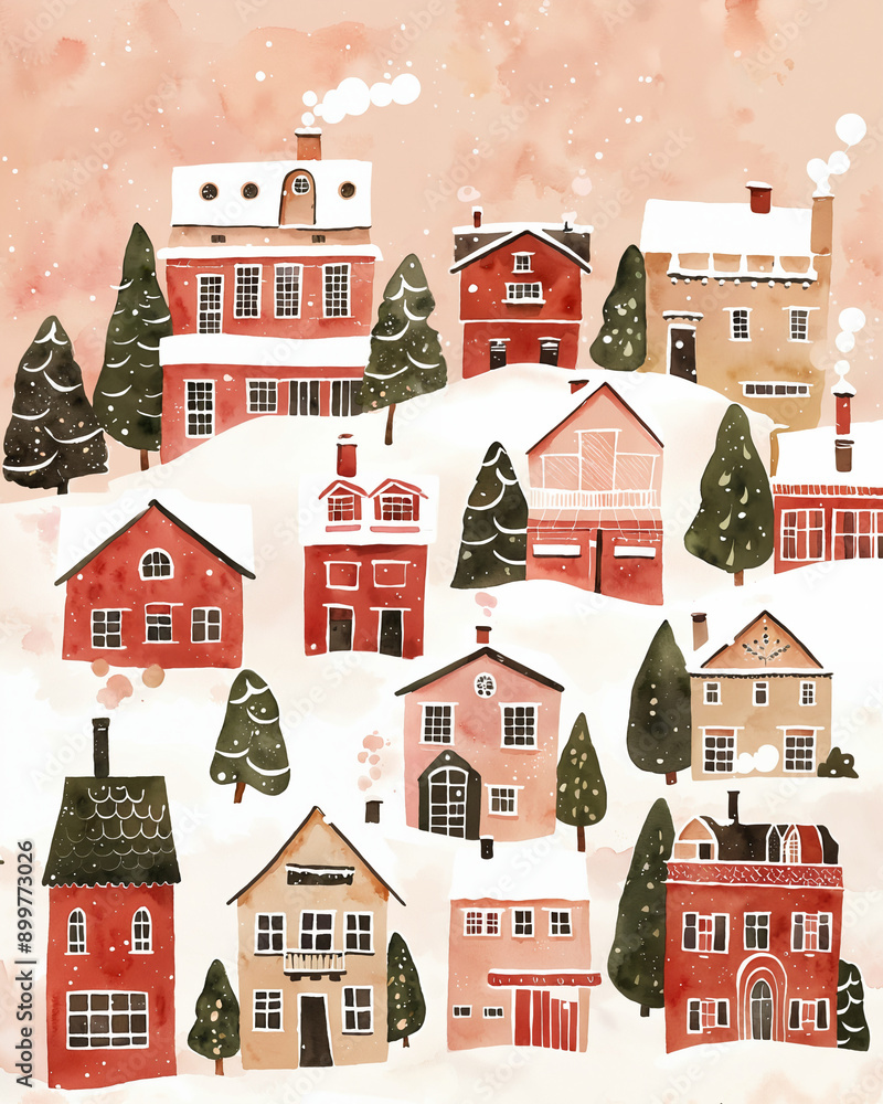 A charming winter village, houses and trees in a snowy landscape, red and orange, pink background, merry christmas, happy new year watercolor illustration, greeting card, poster, paper print A charming winter village, houses and trees in a snowy landscape, red and orange, pink background, merry christmas, happy new year watercolor illustration, greeting card, poster, paper print