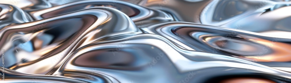 Obraz premium Abstract metallic liquid surface with wavy reflections, showcasing a futuristic texture and mesmerizing fluid patterns in close-up detail.