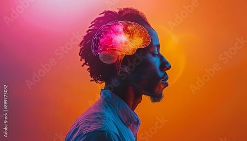 Conceptual image of a person with a colorful brain illustration, symbolizing creativity, thinking, and innovation on an abstract background.