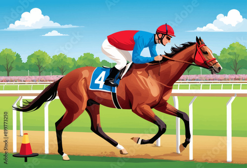 Jockey Riding Brown Horse in Racetrack