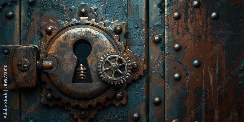Keyhole and gear mechanism inside. Ai generation. Keyhole and gear mechanism inside. Ai generation.