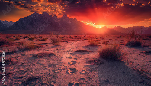 Red Sky Sunset in the Desert with Footprints Leading to Mountains, Symbolizing Solitude and Adventure in a Vast Landscape