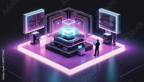 High-Tech Data Center with Illuminated Monitors and a Person Standing