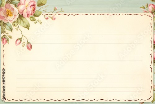 Blank vintage floral lined paper recipe card background for printable digital paper, art stationery and greeting card illustration idea