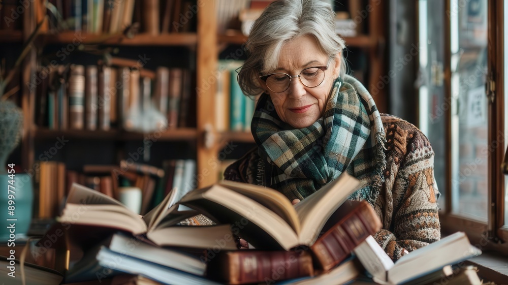 Senior woman learning a new language with books and tapes, retirement hobby, intellectual pursuit Senior woman learning a new language with books and tapes, retirement hobby, intellectual pursuit