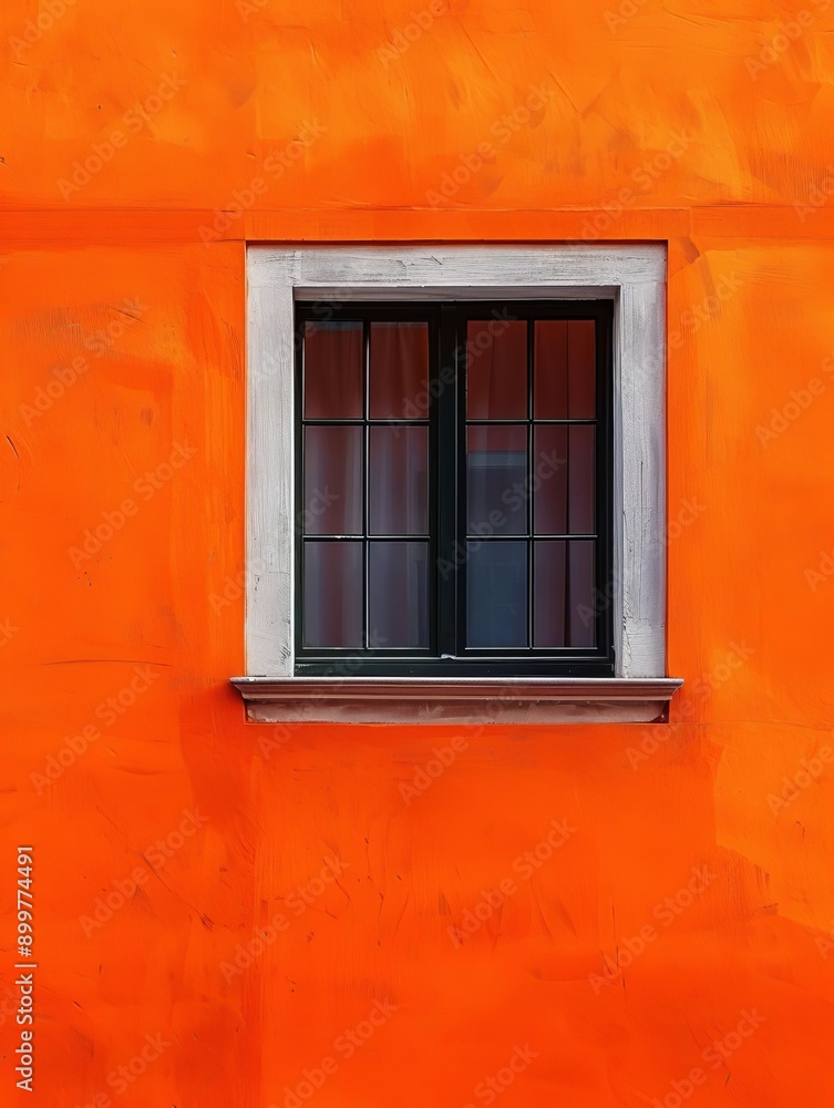 Vibrant orange wall with a single window framed in white stone, creating a striking architectural contrast and minimalistic design. Vibrant orange wall with a single window framed in white stone, creating a striking architectural contrast and minimalistic design.