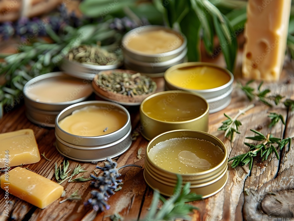 Natural Herbal Balms in Small Tins on Rustic Wooden Table with Wax Butter and Essential Oils