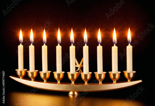 Golden Hanukkah Menorah with Lit Candles