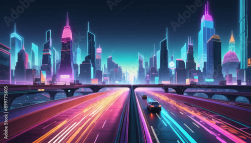 Futuristic Cityscape at Night: Illuminated Skyscrapers and Highways