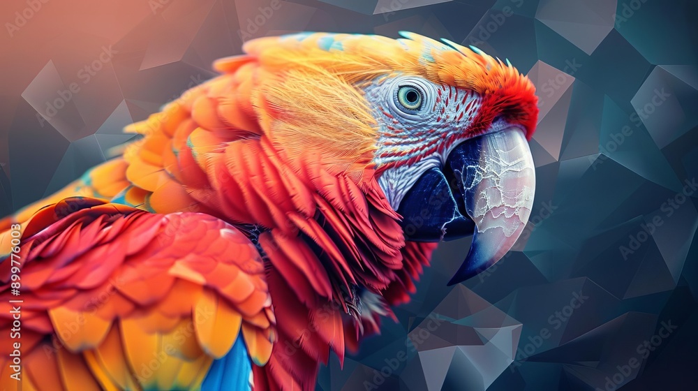 Fototapeta premium Colorful close-up of a vibrant parrot with bold feathers against a geometric background, showcasing vivid and striking details.