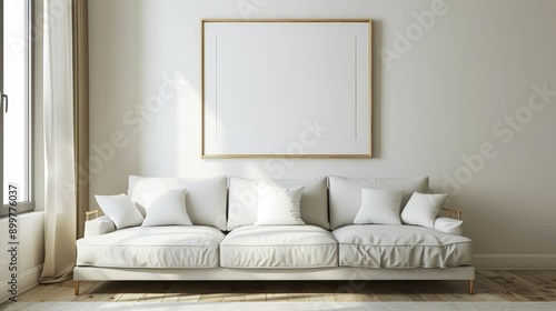 Modern home with empty white picture frame on living room wall and neutral sofa