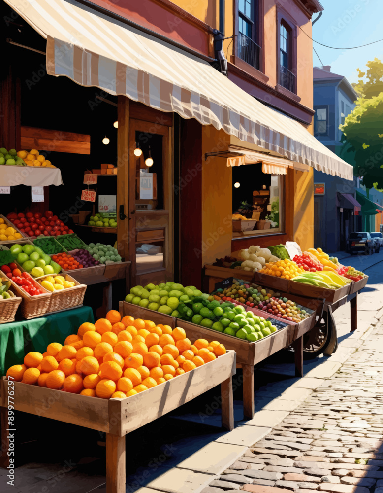 Fototapeta premium Fresh Produce Market Display on Brick Street