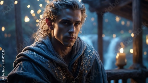 elf dressed in blue in the magical kingdom in the enchanted forest. blonde elf. elf guy - elf man - elf boy. pensative blonde elf guy. serious elf boy. handsome seriouz elf guy.