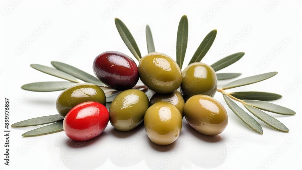Green Olives with Olive Branch on White Background Green Olives with Olive Branch on White Background
