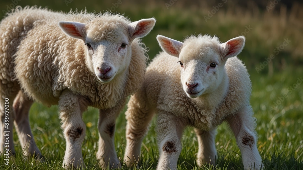 Obraz premium Cute Lambs in Natural Pasture