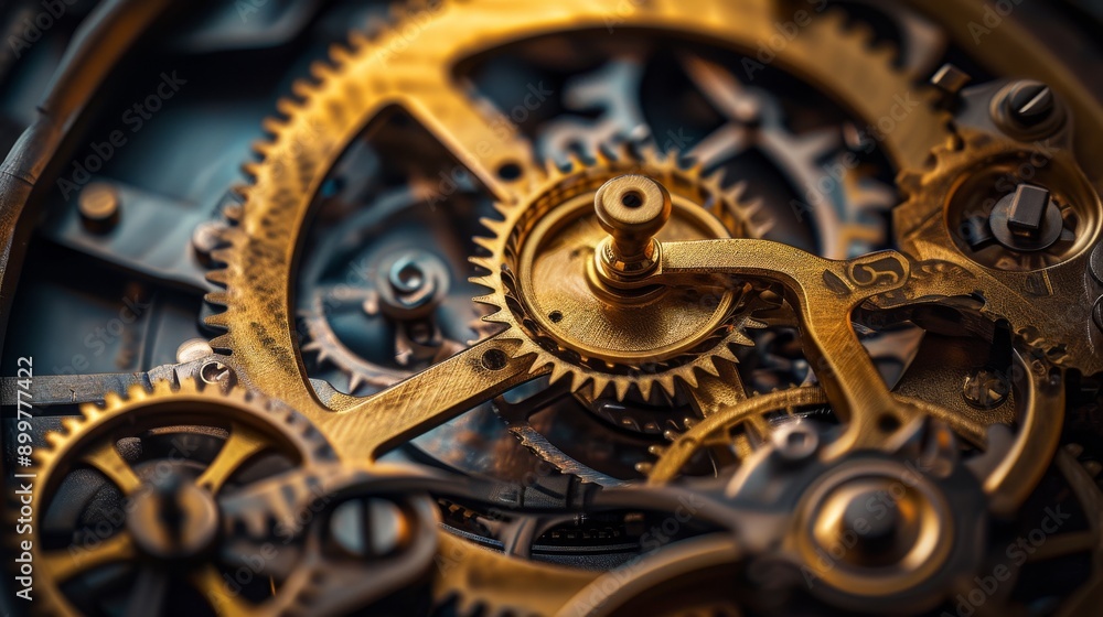 Close-up of the golden gears within a vintage watch mechanism, highlighting the intricate details and precision engineering. Ideal for themes of horology, antique design, and mechanical craftsmanship. Close-up of the golden gears within a vintage watch mechanism, highlighting the intricate details and precision engineering. Ideal for themes of horology, antique design, and mechanical craftsmanship.