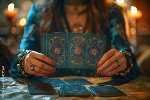 A mystical scene of a woman holding a fan of tarot cards, surrounded by warm candlelight, evoking a sense of mystery and spirituality. photo