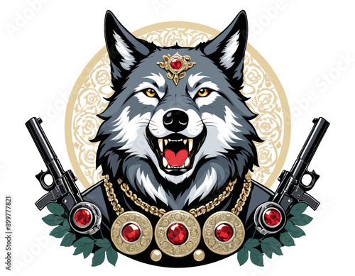 Fierce and Majestic: Wolf King with Chain and Guns