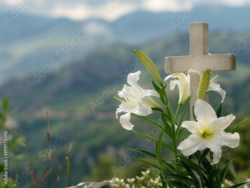 A white lily with a cross on top of it is in a field