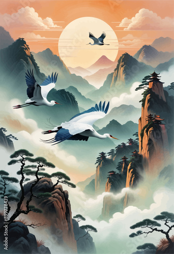 Fantastical Birds Soaring Over a Mountainous Landscape