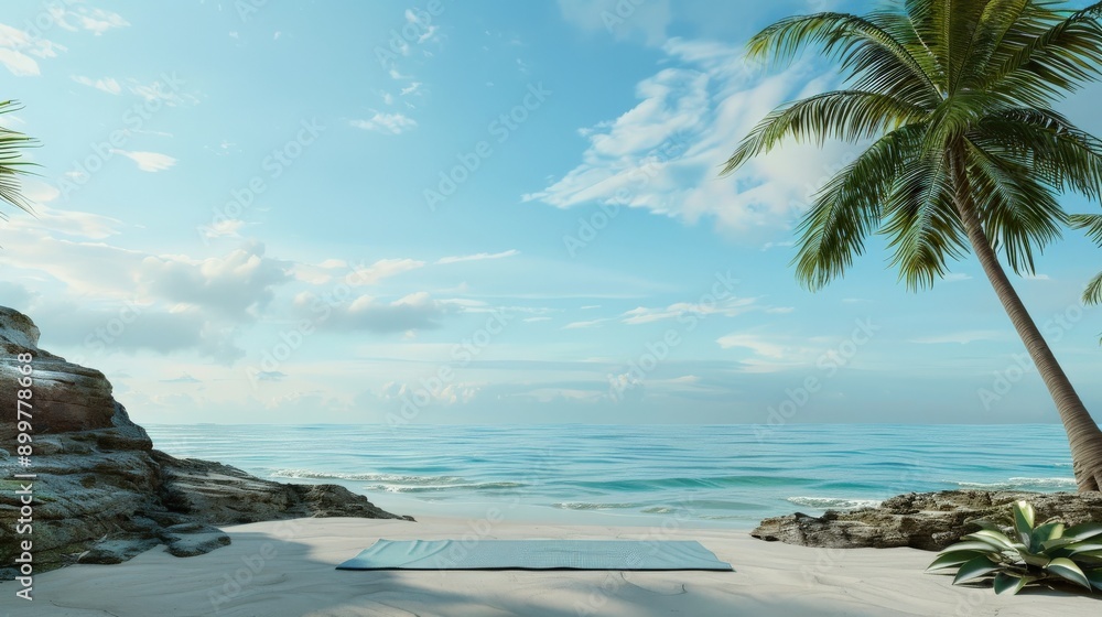 A beach scene with a palm tree and a blue sky. The beach is empty and the water is calm A beach scene with a palm tree and a blue sky. The beach is empty and the water is calm