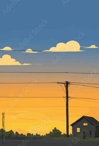 Evening Scenery: Power Line, House, and Sunset