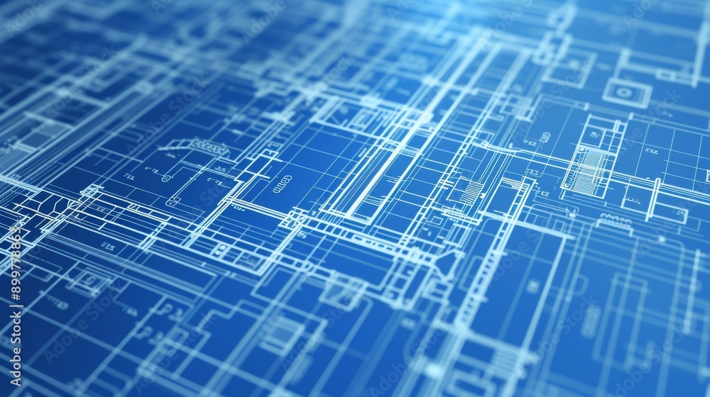 A detailed architectural blueprint displayed on a blue background, showcasing complex building plans and intricate technical details. Perfect for illustrating architectural concepts and engineering
