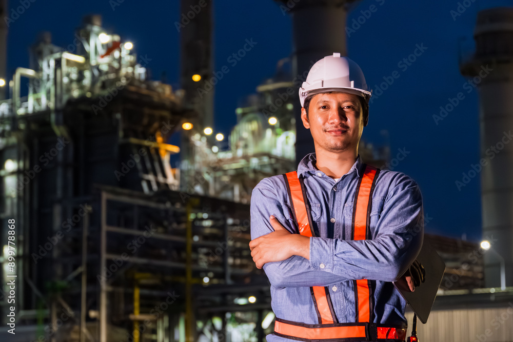Engineer professional Asian male standing confident happy against Petroleum Refinery industry at Night. Oil and Gas Petrochemical Power plant business leader. Engineer professional Asian male standing confident happy against Petroleum Refinery industry at Night. Oil and Gas Petrochemical Power plant business leader.