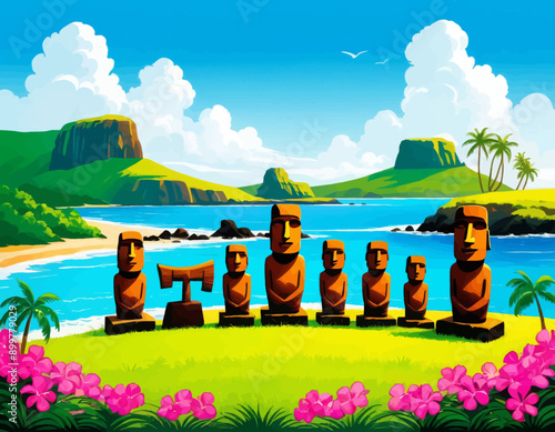 Eight Easter Island Moai Statues by the Ocean