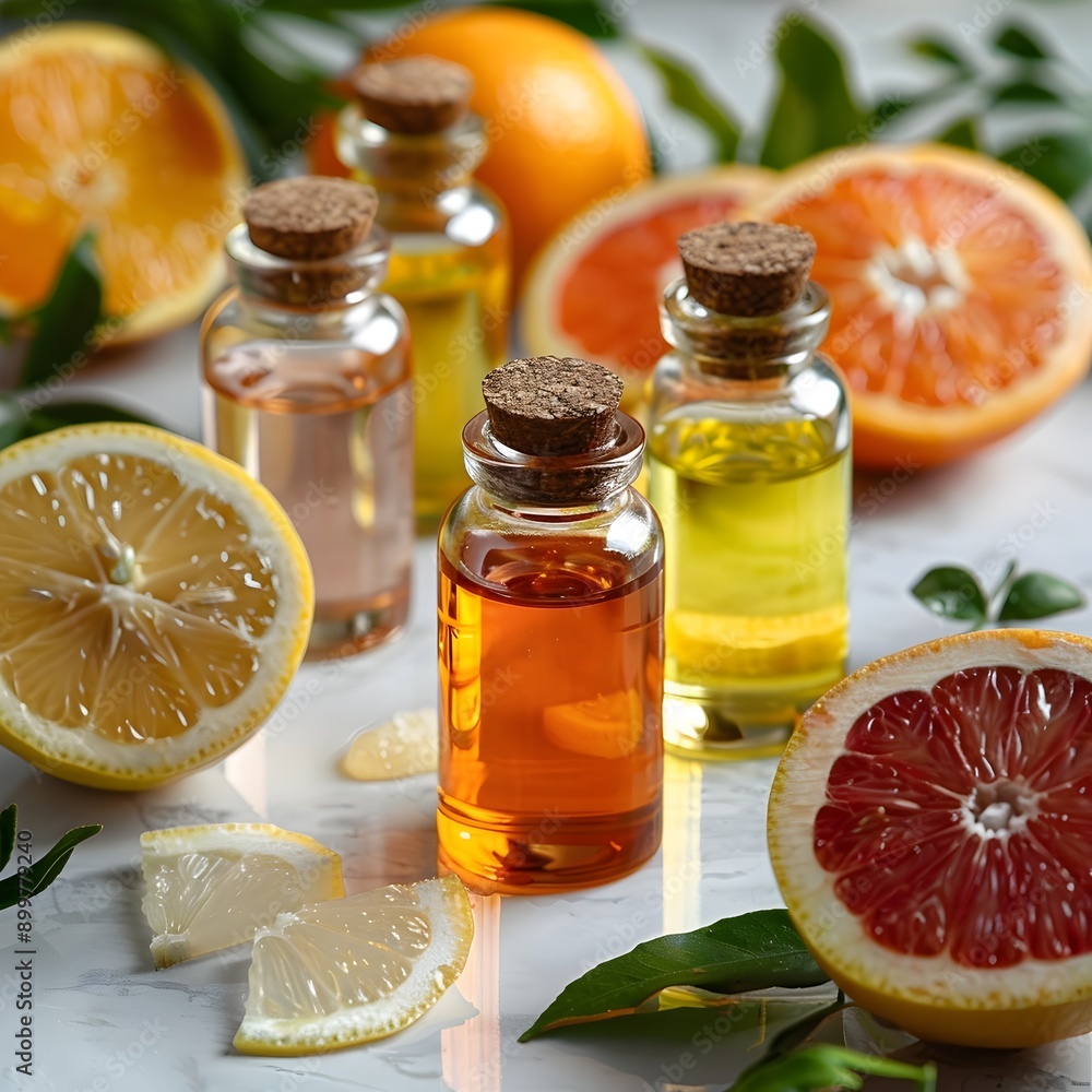 Selection of Natural Essential Oils in Glass Bottles on Marble Table with Fresh Citrus Fruits and Leaves Selection of Natural Essential Oils in Glass Bottles on Marble Table with Fresh Citrus Fruits and Leaves
