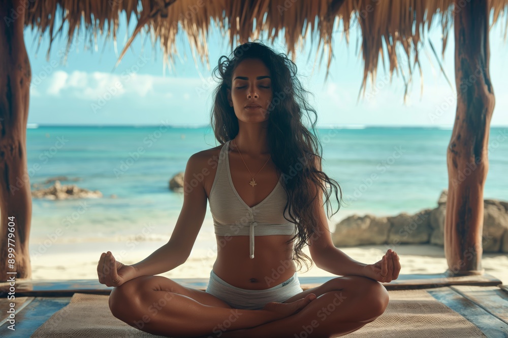 Fototapeta premium A woman meditating on a serene beach under a thatched hut, with the ocean in the background, emphasizing tranquility and mindfulness in a tropical setting.