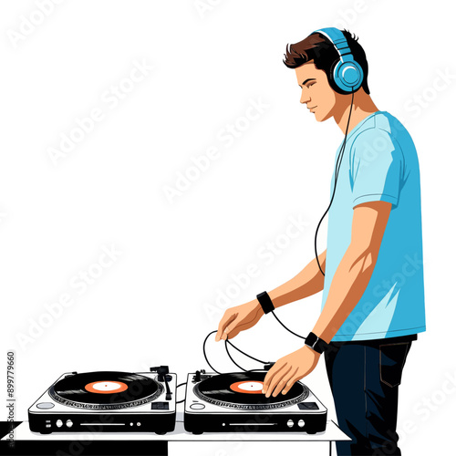 DJ in Action: Man Mixing Music with Headphones and Turntables