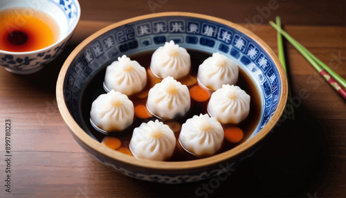 Dumplings in a bowl with sauce and carrots, ready to eat photo