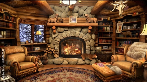 A cozy log cabin den with a large stone fireplace, plush leather chairs, bear rug, and shelves filled with books and knick-knacks.