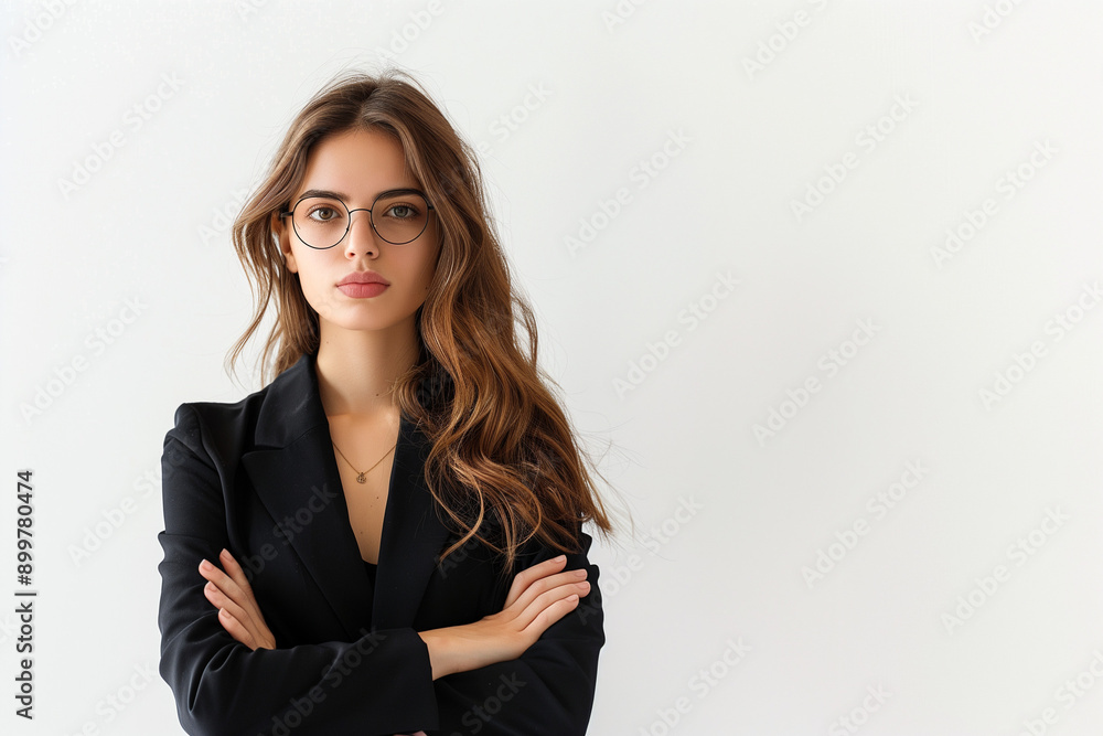 A beautiful business woman with a sexy face wearing glasses with wavy hair in front of her shoulders in a black jacket with a white background with wide space for text A beautiful business woman with a sexy face wearing glasses with wavy hair in front of her shoulders in a black jacket with a white background with wide space for text