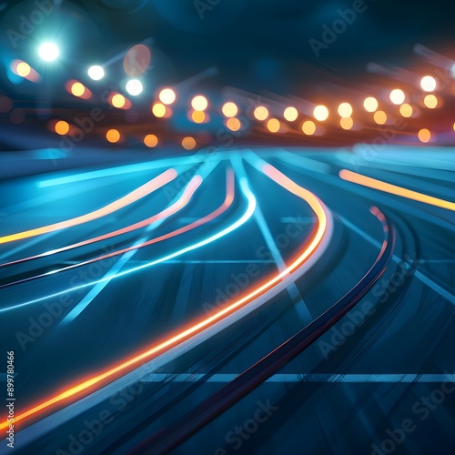 Dynamic light trails in blue and orange on a dark road, representing high-speed motion and advanced technology. photo