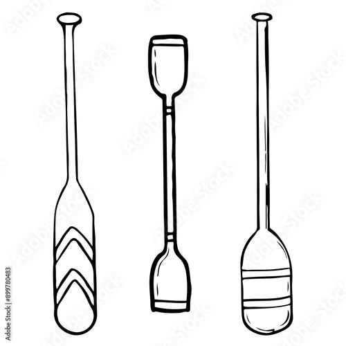 Set of oars for kayak and canoe is hand drawn in doodle style. River rafting. Vector line art illustration.
