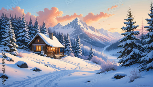 Cozy Cabin in a Snowy Mountainous Landscape