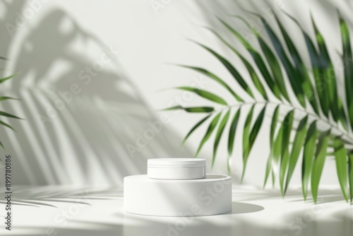 White Product Display with Tropical Leaf Shadow