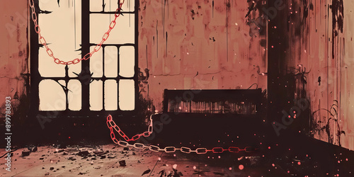 Rusted Chains - A mass of rusty iron bars fenced in an empty room, a lone bench amidst the debris